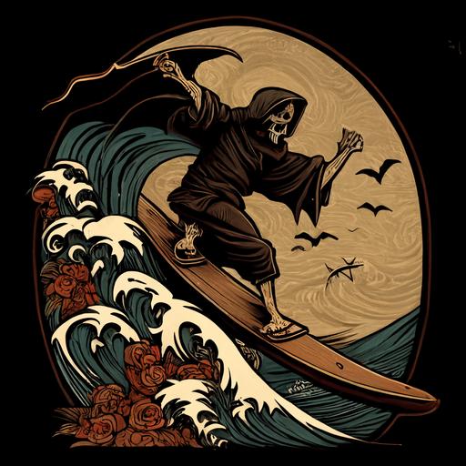 cartoon of the grim reaper surfing, sailor jerry style