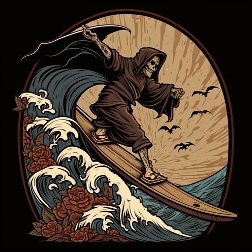 cartoon of the grim reaper surfing, sailor jerry style