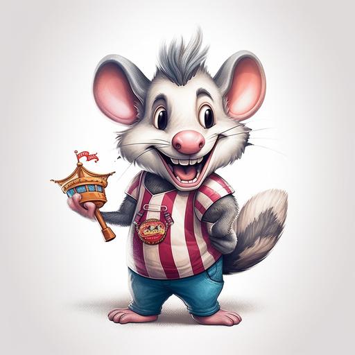 cartoon opossum mascot for an amusement park.