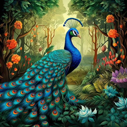 cartoon peacock in forest