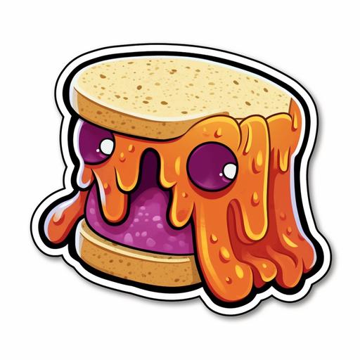 cartoon peanut butter and jelly sandwhich monster simple die cut sticker with white background