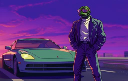 cartoon pepe the frog standing near lambo, in the style of dark purple, appropriation artist, candid celebrity shots, cobra, meme art, colorized, emphasis on facial expressions --ar 103:66