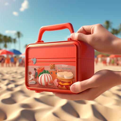 cartoon, pixar, disney style, cinema 4D, closeup of beach with a cardboard red lunch box in the middle and several hands trying to take it, ar 2:3