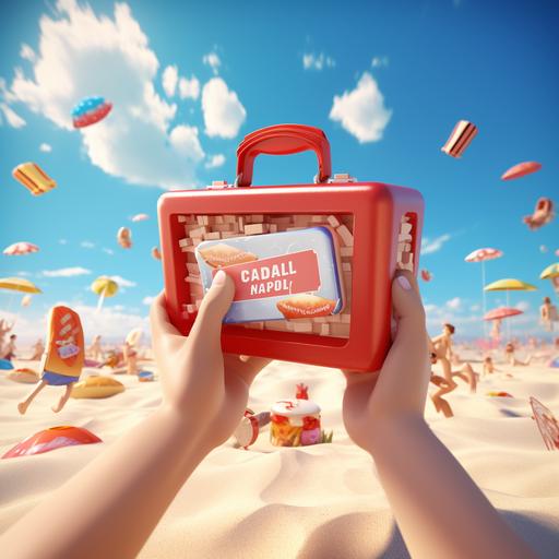 cartoon, pixar, disney style, cinema 4D, closeup of beach with a cardboard red lunch box in the middle and several hands trying to take it, ar 2:3