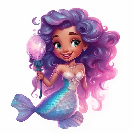 cartoon pixar style mermaid with brown skin with glitter in pastel colours of purple, pink, blue on white background