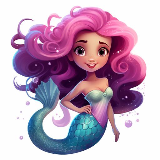 cartoon pixar style mermaid with brown skin with glitter using pastel colours purple, pink, blue on white background