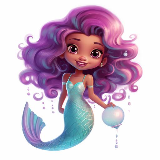 cartoon pixar style mermaid with brown skin with glitter in pastel colours of purple, pink, blue on white background