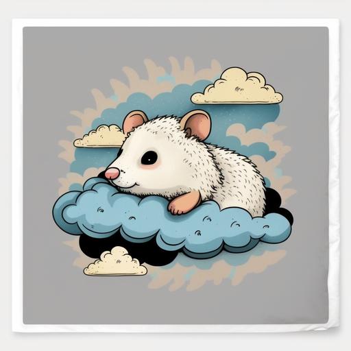cartoon possum laying on a bed of cumulonimbus clouds