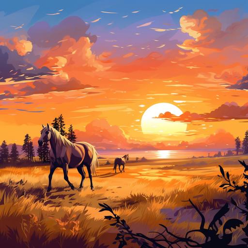 cartoon pretty sunrise, a field with horses