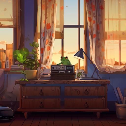 cartoon radio with frog logo on it, standing in cozy room with atumn decorations minimalistic artwork
