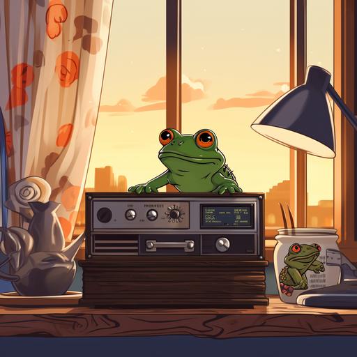 cartoon radio with frog logo on it, standing in cozy room with atumn decorations minimalistic artwork