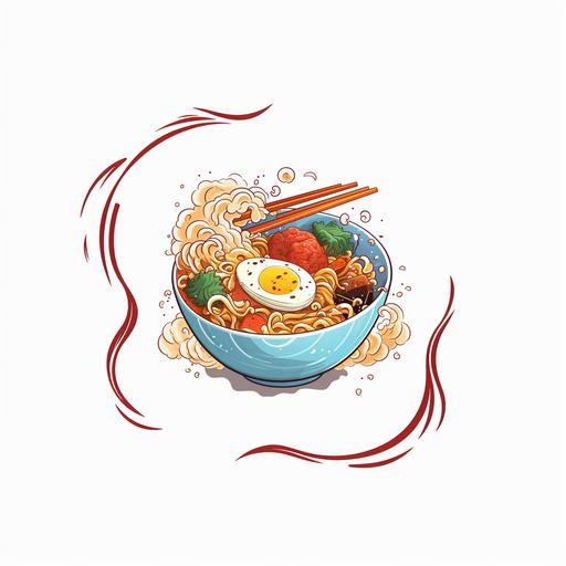 cartoon ramen with ingredients whimsically in the air skewed on the left on a white background