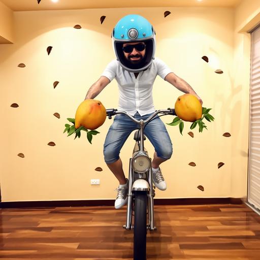 cartoon rides a bike flying on sky and raining mango