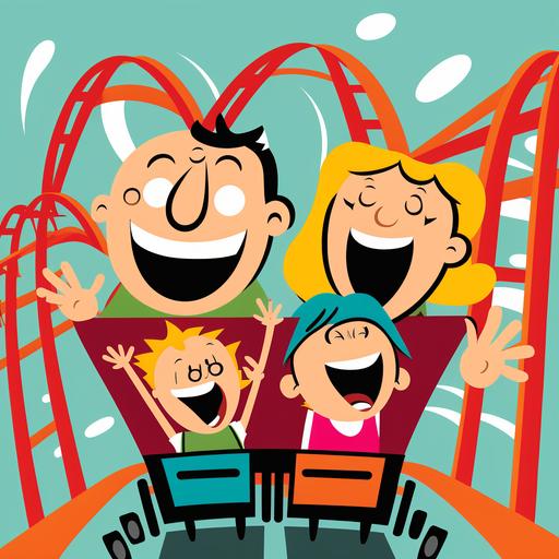 cartoon roller coaster with children and parents having a great time, simple, happy