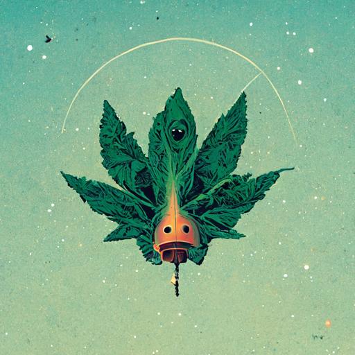 cartoon sentient weed leaf smoking cigar in space