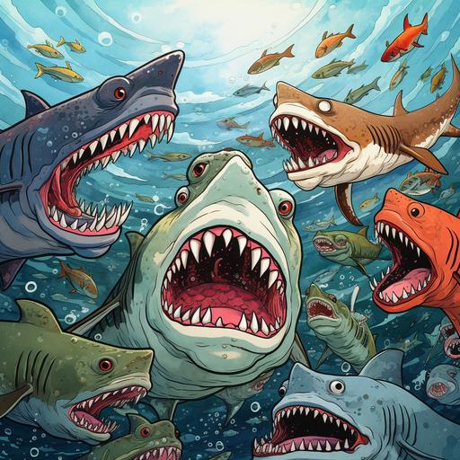 cartoon, sharks, color, 8x11