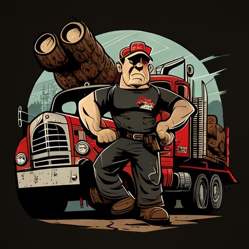 cartoon sin city log truck driver with axe and log truck