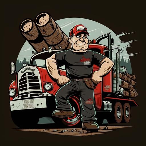 cartoon sin city log truck driver with axe and log truck