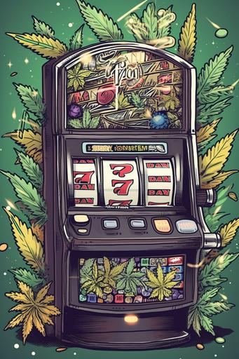 cartoon slot machine hitting 777, cartoon, cannabis, hand drawn, RGB, detail --ar 2:3 --v 5 --s 750