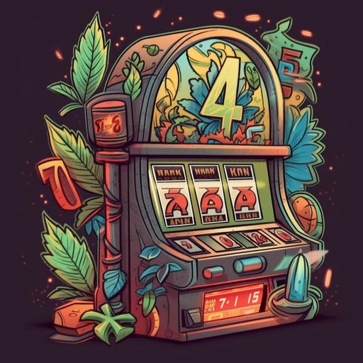 cartoon slot machine hitting 777, cartoon, cannabis, hand drawn, RGB, detail--ar 2:3 --v 5 --s 750