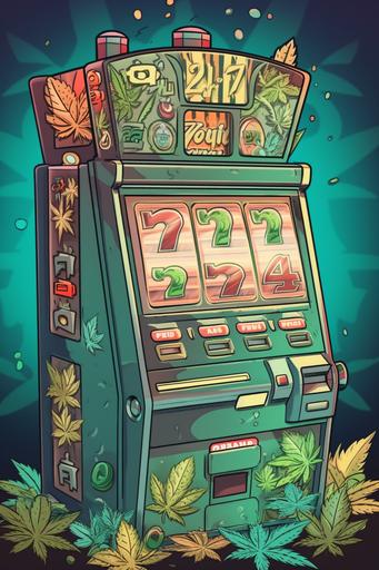cartoon slot machine hitting 777, cartoon, cannabis, hand drawn, RGB, detail --ar 2:3 --v 5 --s 750