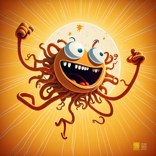 cartoon spaghetti monster flyinf around sun