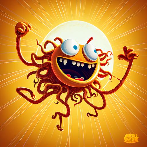 cartoon spaghetti monster flyinf around sun