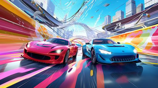 cartoon sports cars racing on a virtual carboreality road, drawing --ar 16:9 --v 5.2