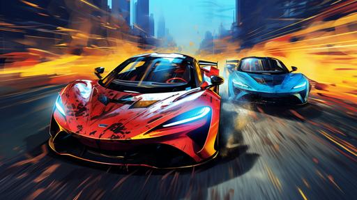 cartoon sports cars racing on a virtual carboreality road, drawing --ar 16:9 --v 5.2