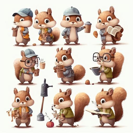 cartoon squirrel characters doing different things around trees acorns wearing clothes and working
