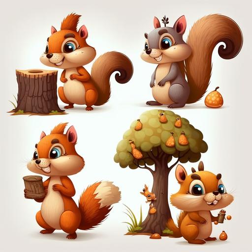 cartoon squirrel characters doing different things around trees acorns