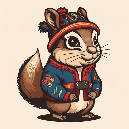 cartoon squirrel mascot logo wearing traditional russian clothing, simple, retro animation, nu pogodi, classic animation, vintage, 2d animation