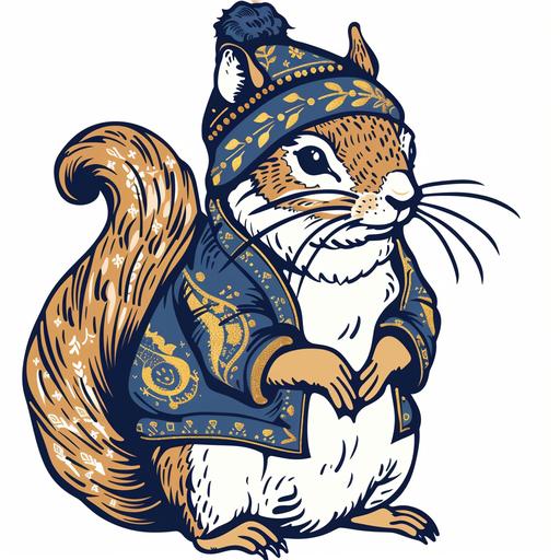 cartoon squirrel wearing traditional russian clothing, line drawing, simple, bold line, logo, mascot, slavic, blue and gold