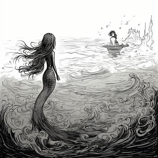 cartoon stick figure line drawing rough 2D doodle of The Little Mermaid with mermaid tail swimming in seascape under the sea, sketched in cross hatching style with dark creepy tim burton undertones