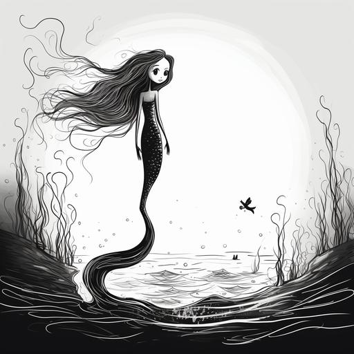 cartoon stick figure line drawing rough 2D doodle of The Little Mermaid with mermaid tail swimming in seascape under the sea, sketched in cross hatching style with dark tim burton undertones