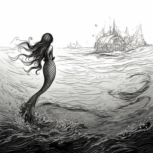 cartoon stick figure line drawing rough 2D doodle of The Little Mermaid with mermaid tail swimming in seascape under the sea, sketched in cross hatching style with dark creepy tim burton undertones