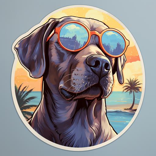 cartoon, sticker, silver lab, beach, sunglasses
