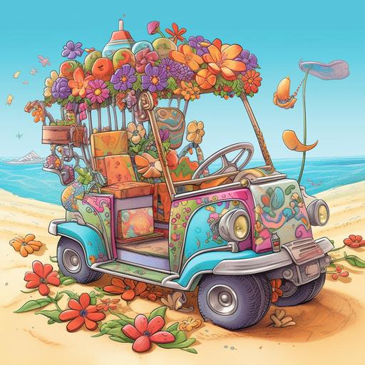 cartoon storybook hippy golf cart with hippy flowers at the beach