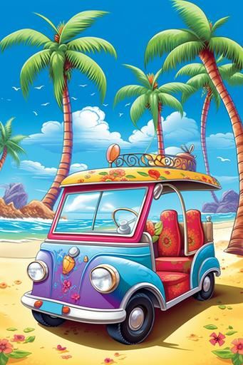 cartoon storybook hippy golf cart with painted on hippy flowers at the beach with palm trees and blue sky with clouds, big hippy flowers in the sand --ar 2:3