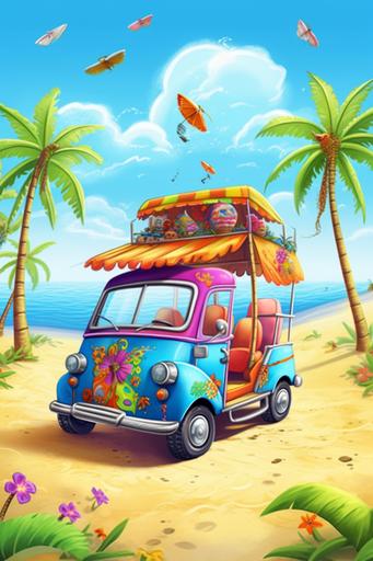 cartoon storybook hippy golf cart with painted on hippy flowers at the beach with palm trees and blue sky with clouds, hippy flower decorations --ar 2:3