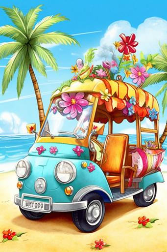 cartoon storybook hippy golf cart with painted on hippy flowers at the beach with palm trees and blue sky with clouds, hippy flower decorations --ar 2:3