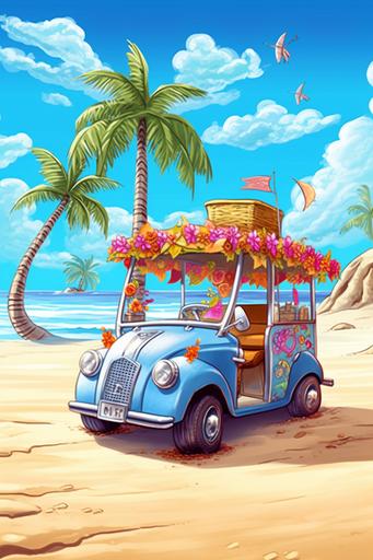 cartoon storybook hippy golf cart with painted on hippy flowers at the beach with palm trees and blue sky with clouds, big hippy flowers in the sand --ar 2:3