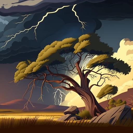 cartoon strong storm blow down trees in the savanna