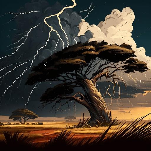 cartoon strong storm blow down trees in the savanna