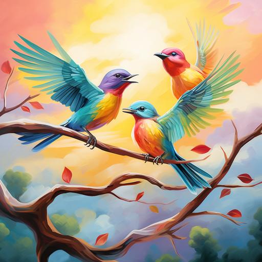 cartoon style, 3 birds flying, 1 bird perch, vibrant colors