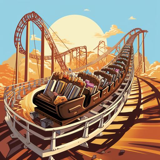 cartoon style Hershey Chocolate Roller Coaster in Vintage 1920's style with candy bars as passengers.