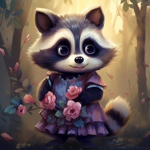 cartoon style baby female raccoon wearing floral print dress with determined expression, forrest background