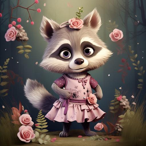 cartoon style baby female raccoon wearing floral print dress with determined expression, forrest background