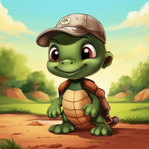 cartoon style baby turtle wearing baseball cap with timid expression, forrest background