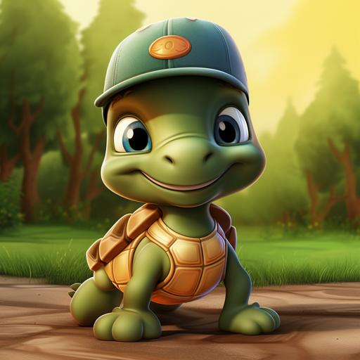 cartoon style baby turtle wearing baseball cap with timid expression, forrest background